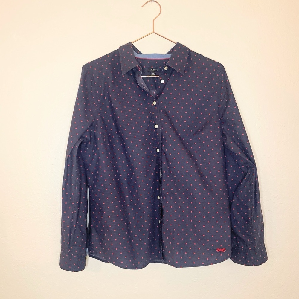 Talbots Petite 14P Polka Dot Button Front Blouse Navy Red Classic